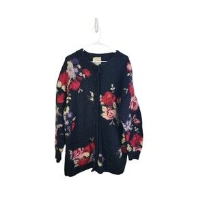 Vtg Express Black Mohair Blend Floral Cardigan Drop Shoulder Hand Knit Tunic Med